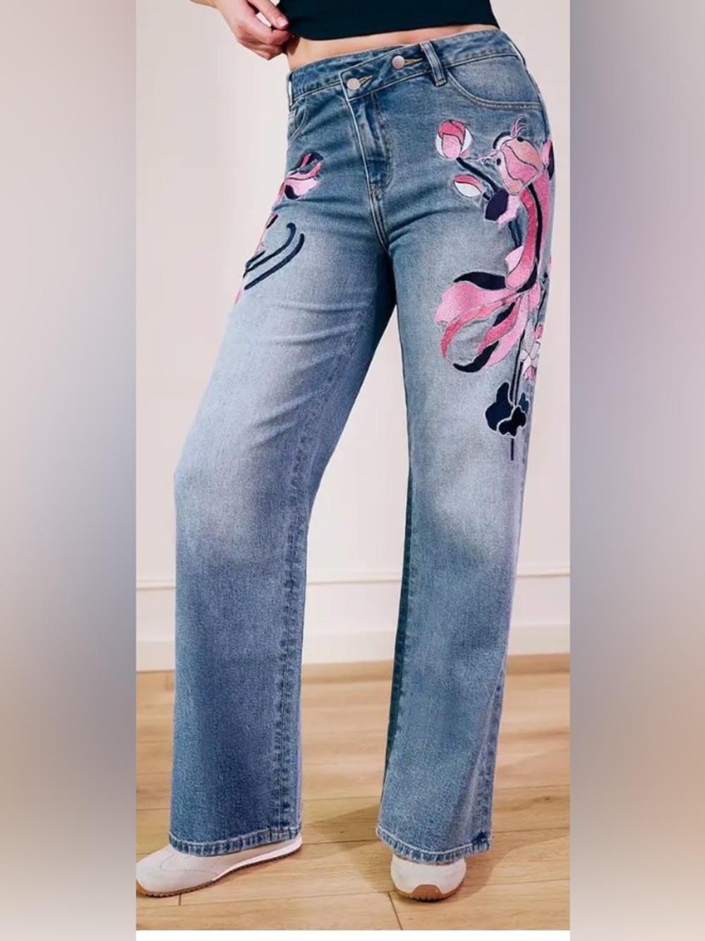 Flamingals Wash Artistic Embroidery Dual Button Wrap Mid Waist Straight Leg Jean